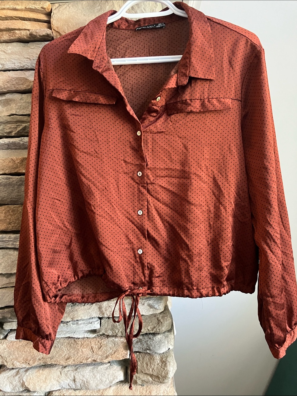 Black Tape_ Rust Polka Dot Button-Down Drawstring Shirt